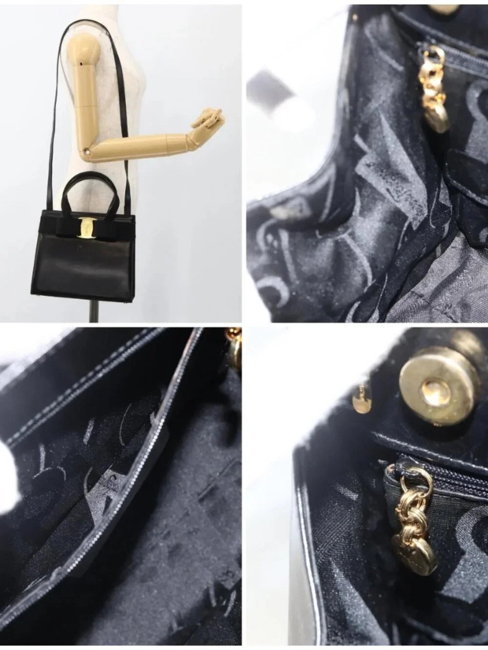 Salvatore Ferragamo Vala Ribbon Hand Bag Leather 2way Black Gold Auth ka3380